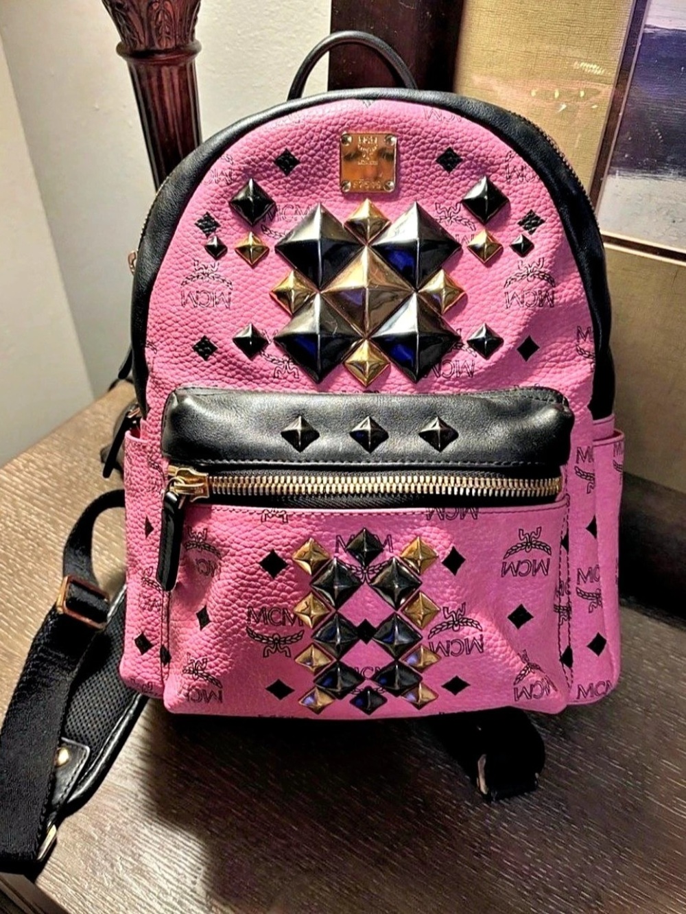 MCM Stark Side Studs Backpack in Visetos Pink & Black